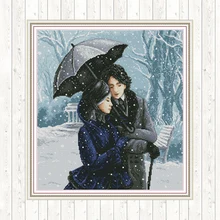 Couple In The Snow DMC Cotton Thread Printed Canvas Cross Stitch Sets Needlework Embroidery 14ct 11ct Count Print DIY Handmade