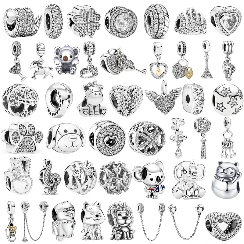 New Silver Color Lucky Cat Lion Safety Chain Crown Owl Koala Dangle Beads Fit Original Pandora Charms Bracelet DIY Women Jewelry | Украшения