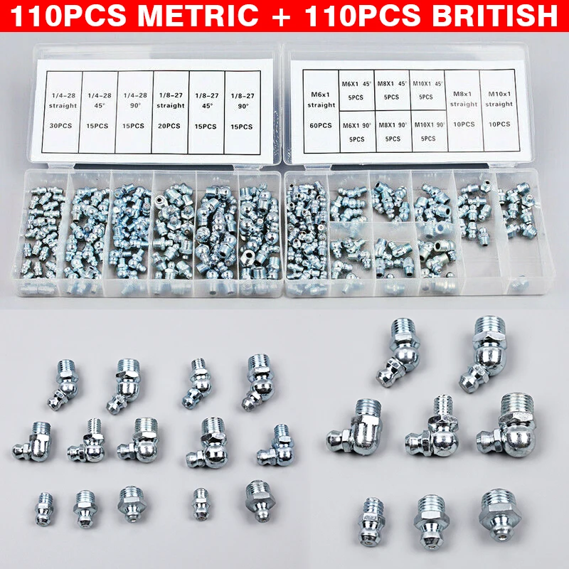 220pcs 4590 Degree Car Auto Hydraulic Grease Nipple Metric Imperial Mechanical Lubricant