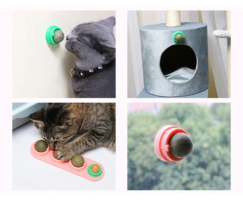 hamster toys 4pcs Catnip Ball Set Cat Treat Toys Snack Self-Adhesive Rotated Catnip Ball Cats Wall Mount Molar Teething Toy For Cats Ball homemade cat toys