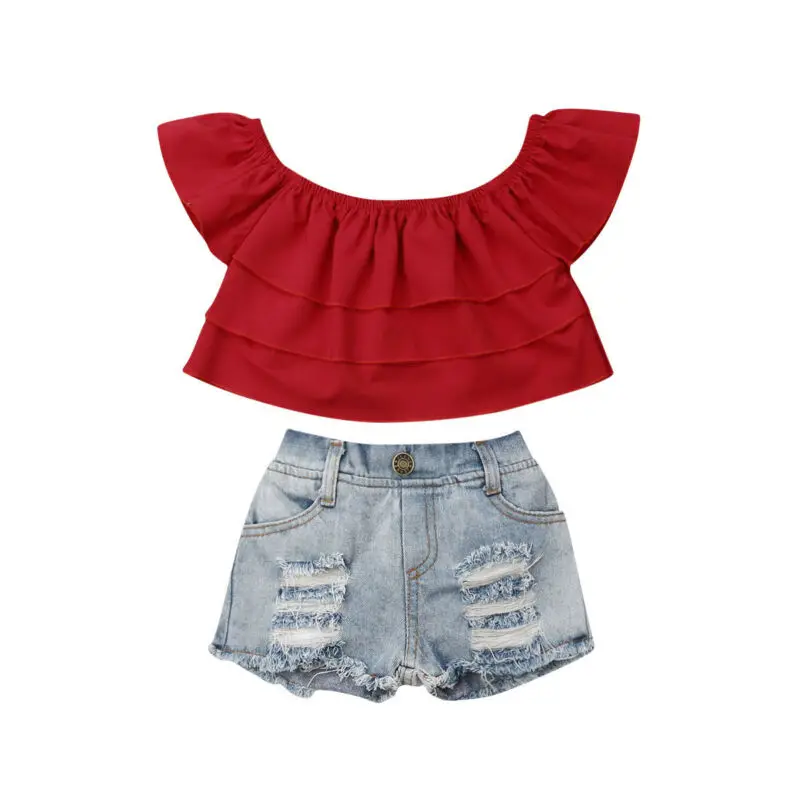 

1-6Years Toddler Kid Girls Clothing Set Red Ruffles Tops T shirts Denim Shorts Summer Girls Costumes Kid Clothes