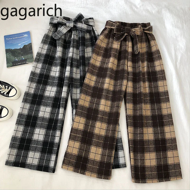 Gagarich женские брюки осень зима новая Корейская версия винтажный галстук-бабочка Высокая талия клетчатые повседневные широкие прямые брюки