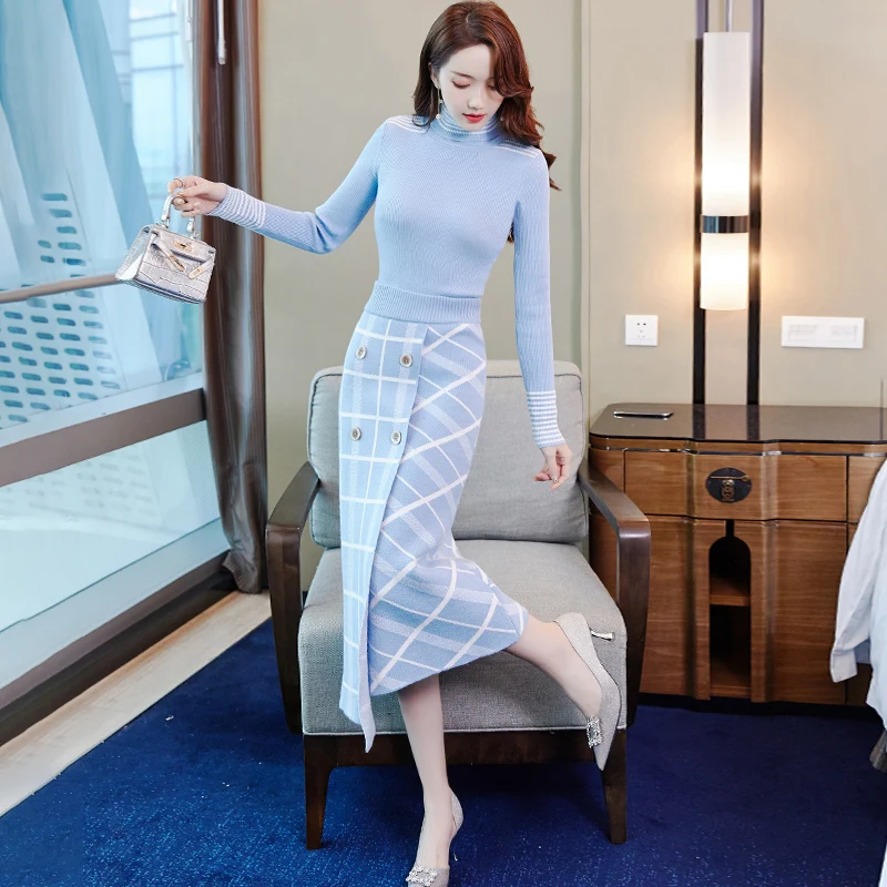 Top Brand Designer Women Sweater Skirt 2Pcs Set 2019 Autumn Winter High Neck Knit Top+Plaid Skirt Suit Set Lady Twinset
