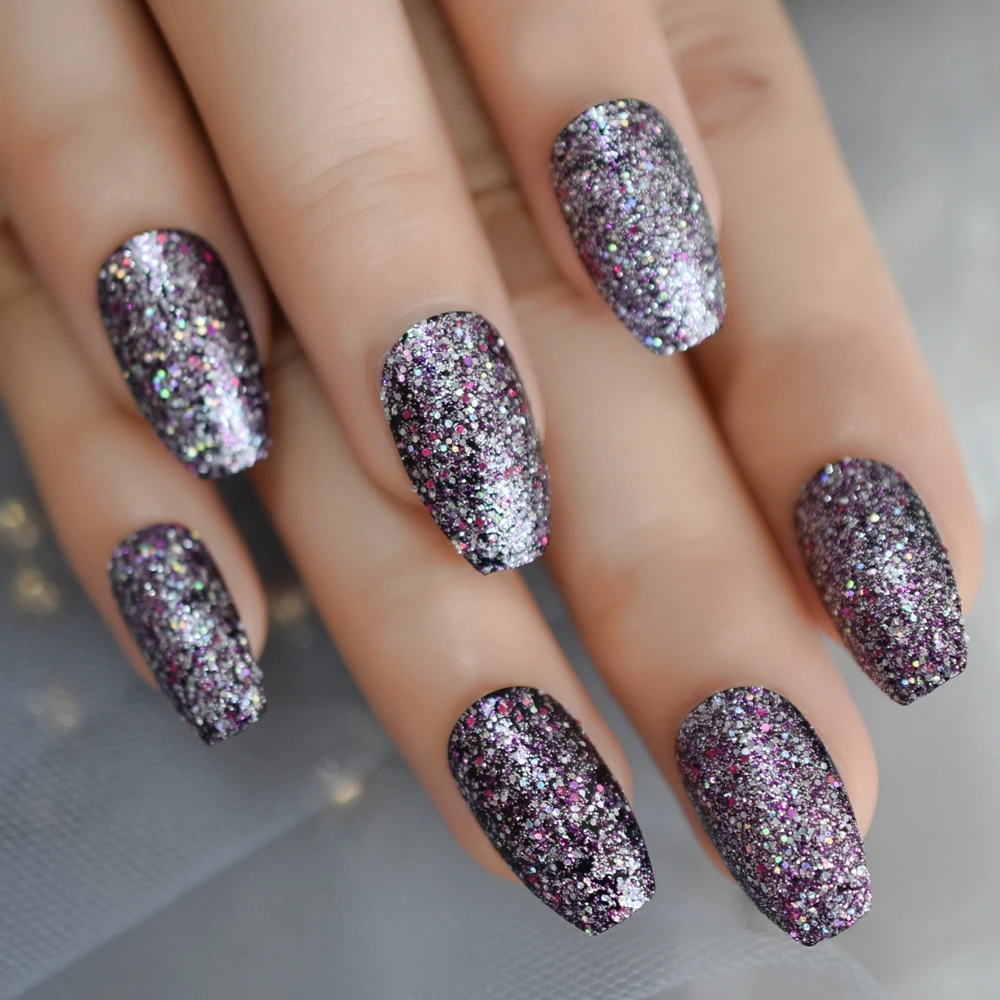 Artificial Nail Coffin Nail Art Kit Purple Glitter Nail Accessories Medium For Women Hot Sale Sparkling Fake Nail 24pcs