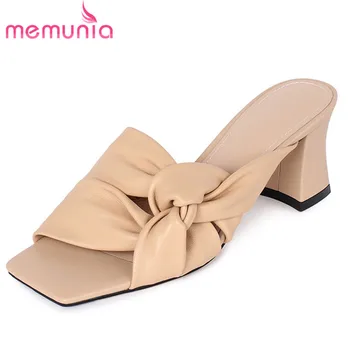 

MEMUNIA 2020 hot sale fashion genuine leather shoes women slipper bowknot solid colors summer square high heel slipper female