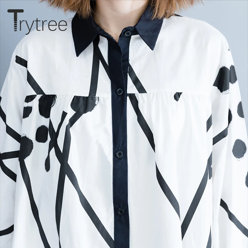 Trytree, осенняя повседневная женская блуза на пуговицах, хлопок, с принтом, длинный рукав, отложной воротник, Офисная Женская рубашка, свободные, а-силуэт, топы
