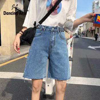 

Woman Jeans High Waist Loose Knee-length Straight Pants Korean Style Solid Pockets Button Casual Denim Trousers 2020 Fashion