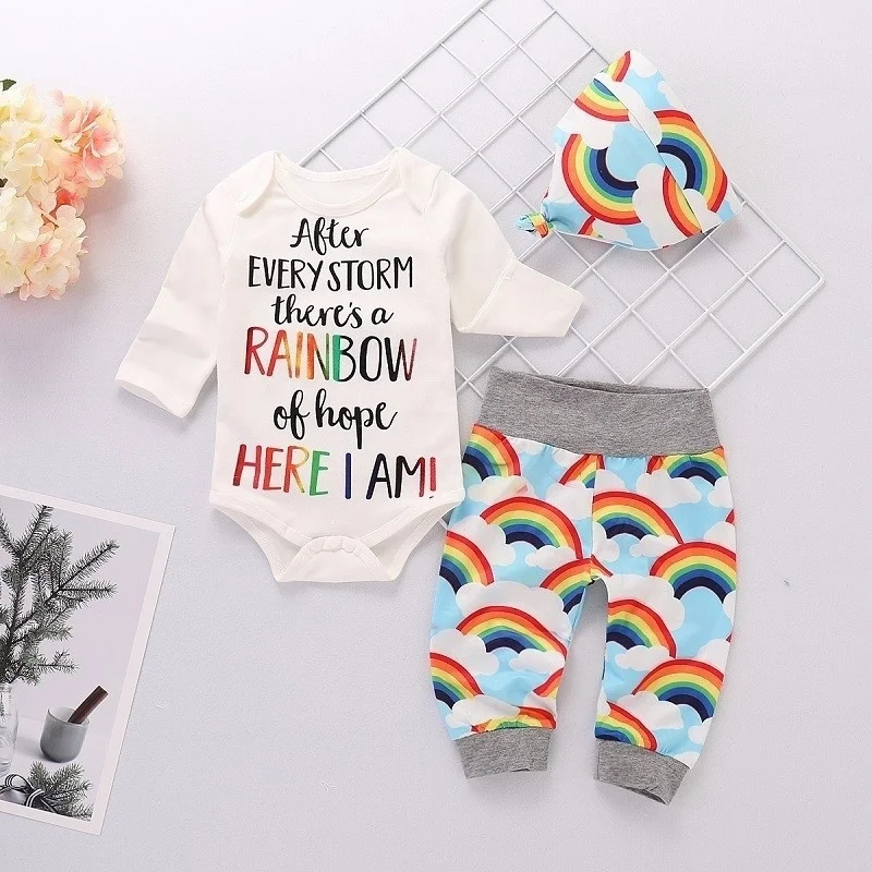 

Newborn Baby Girl Sets Romper Tops +Rainbow Pants+Hat 3Pcs Kids Outfits Set Casual Suits Toddler Infants Girls Clothing 0-18M