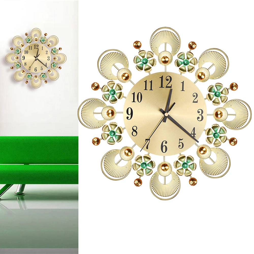 

New Mute Art Large Wall Clock European Retro Flower Diamond Wrought Iron Wall Clock Creative Mute Wall Clock Living Room Decorat