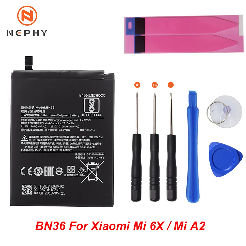 BN36 For Mi6X MiA2 Nephy аккумулятор для телефона BN31 BN36 BM36 BM49 BM50 для Xiaomi mi A1 A2 5X 5S 6X Max 2 Red mi S2 Примечание 5A Pro инструменты для ремонта - Цвет: BN36 For Mi6X MiA2