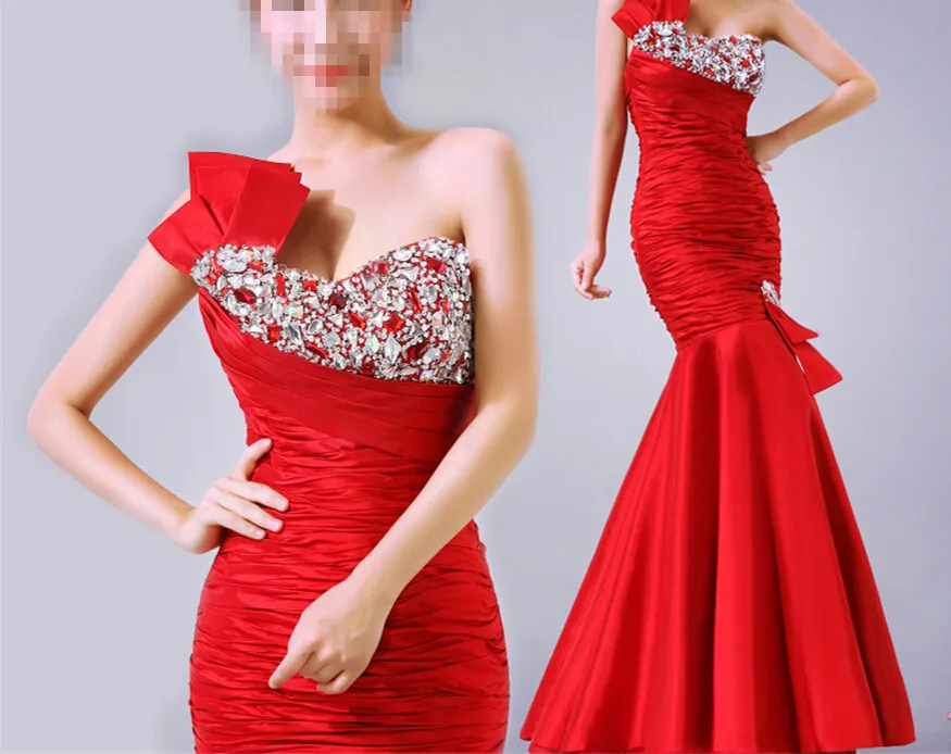 Красный Вечернее платье vestidos, новинка,, сексуальное, на одно плечо, Красная тафта, длинное, Русалка,, вечерние платья для выпускного вечера, Кристальные платья подружки невесты с бусинами - Цвет: Красный