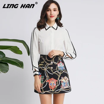 

LINGHAN Designer Women 2 Piece Set Spring Summer Fashion Print Long Sleeve White Blouse Mini Skirt Fashion Lady New Suit