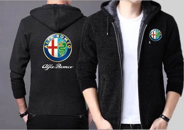 НОВАЯ Трикотажная куртка с капюшоном Alpha alfa romeo, Зимний пуловер с капюшоном, утепленная шерстяная куртка на молнии, толстовка - Цвет: Черный