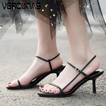 

VERCONAS Women Genuine Leather High Heels Lace Up High Quality Cross-Tied Square Toe Basic Shoes Spring Summer Thin Heels Shoes