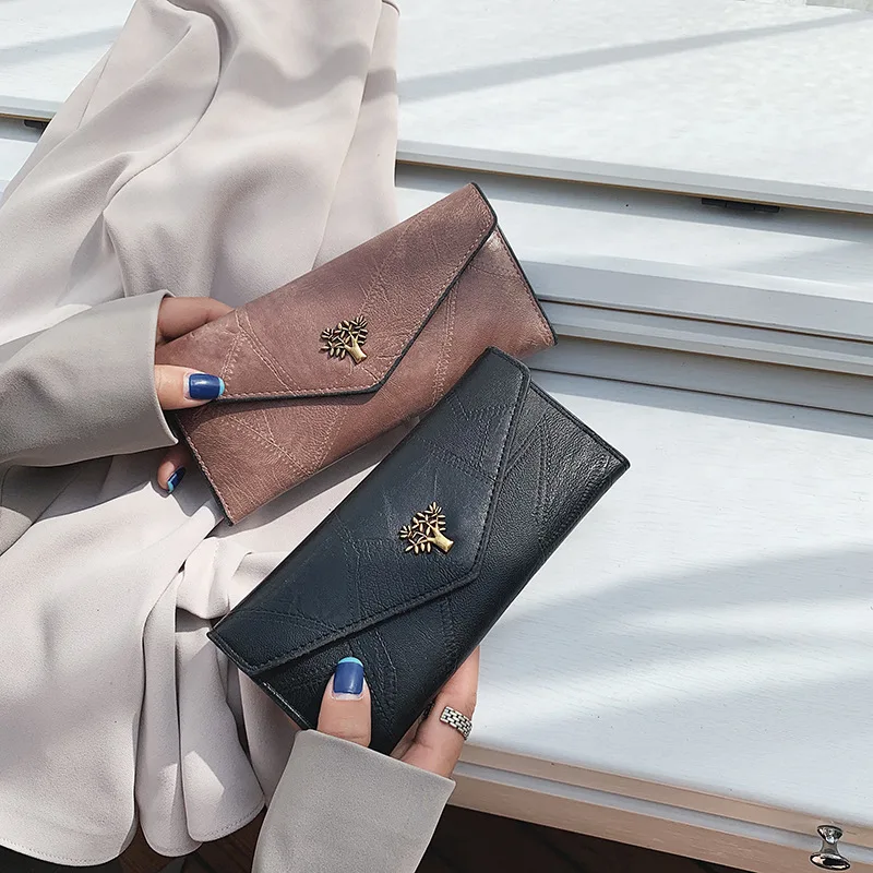 

2019 New Clutch Bag Korean Style Long Section Buckle Wallet Splice Small Tree Envelope Bag Multi-card Position Coin Card Bag