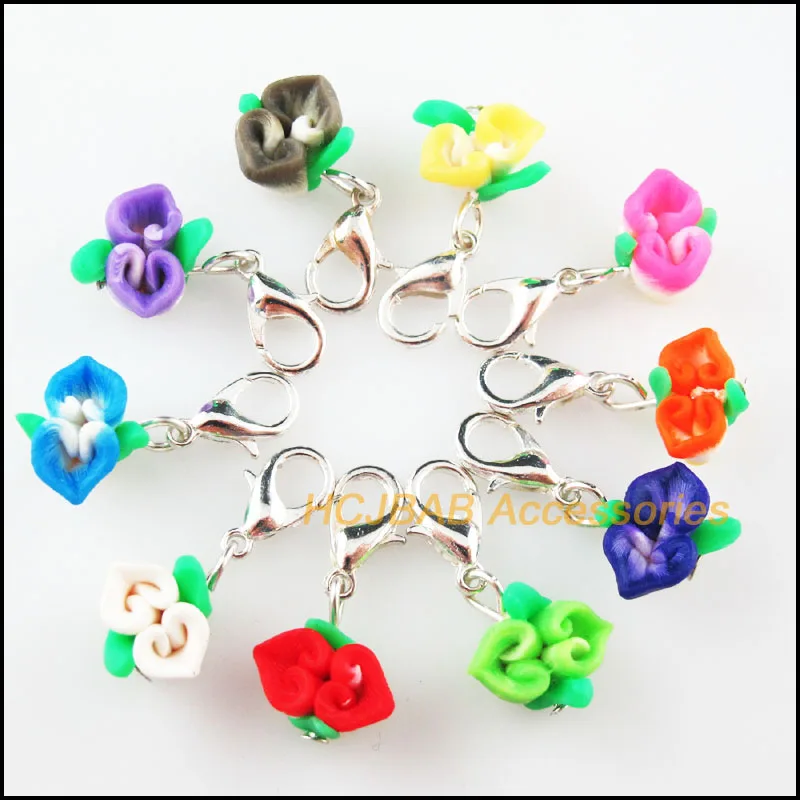 

20 New Flower With Clasps Leaf Charms Silver Plated Fimo Polymer Clay Mixed