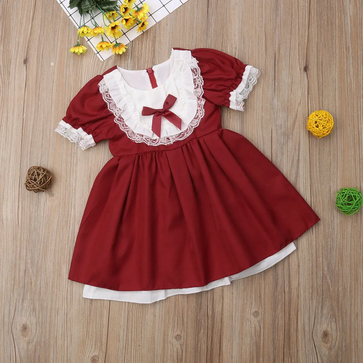 

New Newborn Kids Baby Girls Lace Edge Sleeve Party Pageant Lace Princess Formal Bridesmaid Lolita Style Tutu Mini Dress 1-5T