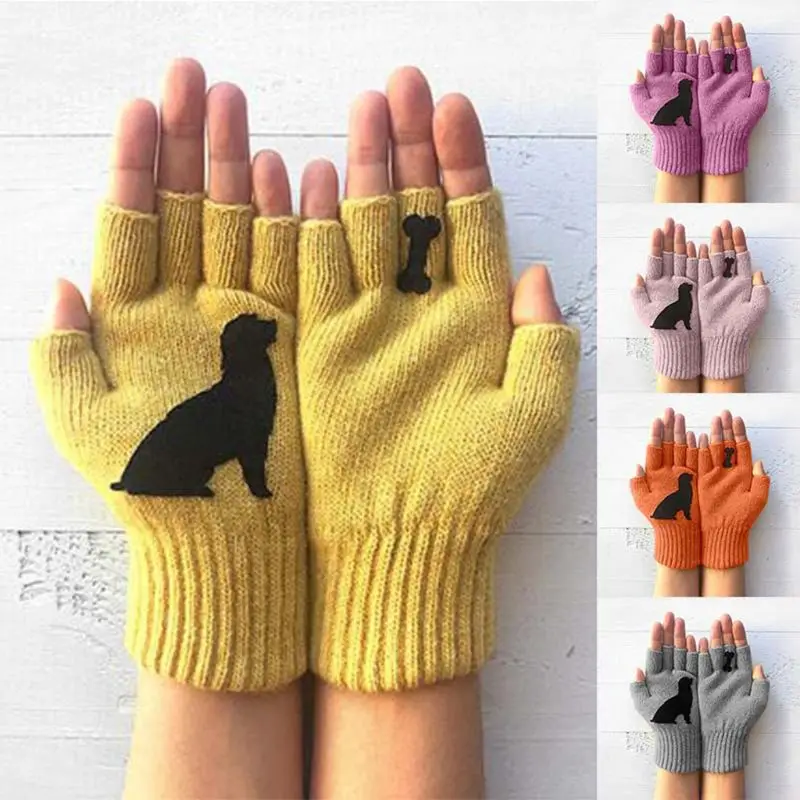 Женские зимние вязаные перчатки без пальцев Kawaii Puppy Dog Bone с принтом теплые варежки