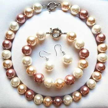 

Jewelry Set white pink Genuine 10mm South Sea Shell Pearl Necklace Bracelet Earrings Beads women Jewelry set 925 silver clasp