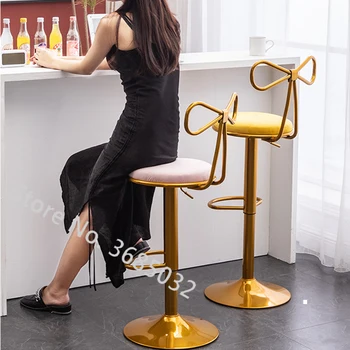 

Nordic Golden Bar Chair Swivel Lift Back Iron Dining Chair Simple Net Red Luxury Home Bow-knot High Stools