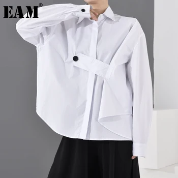 

[EAM] Women White Pleated Button Big Size Blouse New Lapel Long Sleeve Loose Fit Shirt Fashion Tide Spring Autumn 2020 1R86100