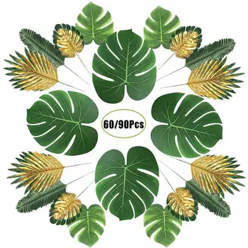 

60/90Pcs Fabric Artificial Monstera Leaves Tropical Palm Tree Leaves for Wedding Hawaiia Party Jungle Beach Theme Table Decor