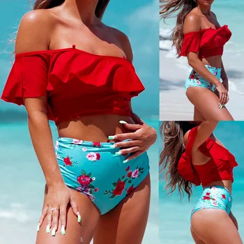 

New Bikinis Set Push Up Swimwear Women Flower Print Ruffled Flounce Swimsuit Push Up Bikini Mujer Biquinis Feminino 2019 #C11