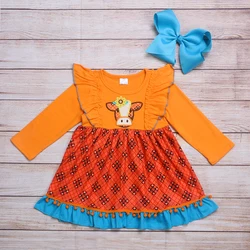 Outono meninas roupas laranja manga longa flores amarelas na cabeça de vaca padrão bordado vestidos da menina