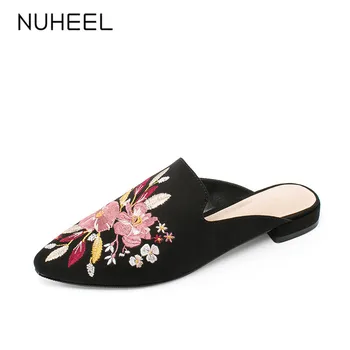 

NUHEEL women's shoes new summer embroidery retro style slippers pointed low heel casual shoes women обувь женская