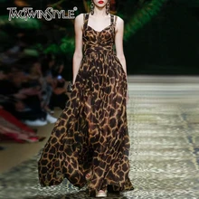 TWOTWINSTYLE, винтажное леопардовое женское платье, v-образный вырез, спагетти ремень, высокая талия, с рюшами, макси платье для женщин, модная одежда, новинка