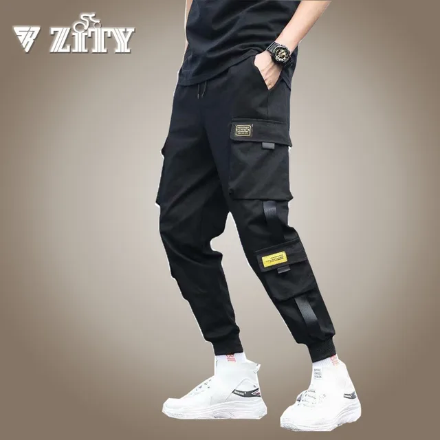 Men's Side Pockets Cargo Harem Pants 2021 Ribbons Black Hip Hop Casual Male Joggers Trousers Fashion Casual Streetwear Pants 1