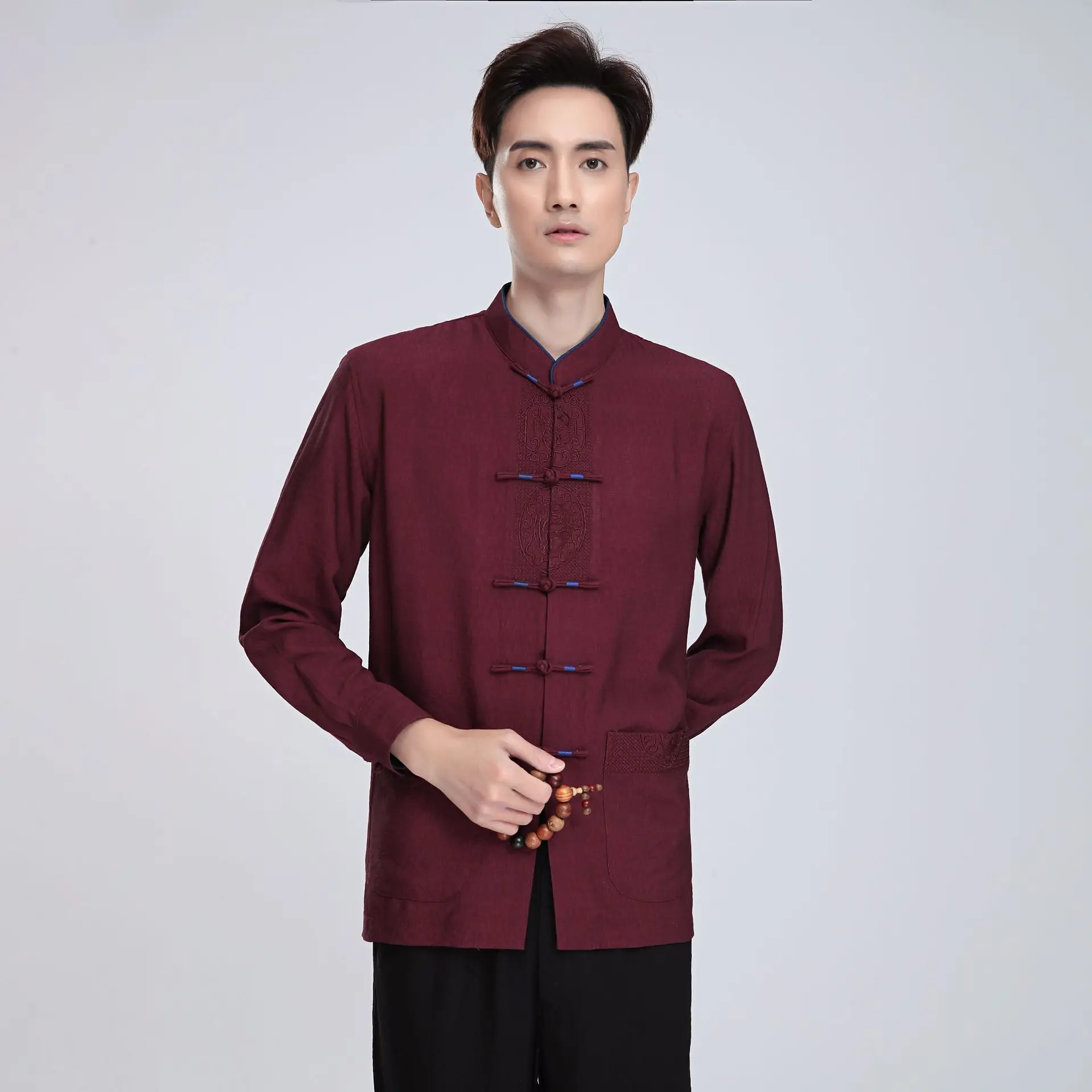 Китайский стиль, китайский стиль, лен, 2814-2, китайский костюм, мужской топ с длинными рукавами, рубашка с длинными рукавами среднего возраста/комплект