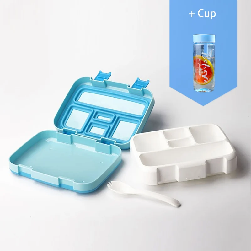 Blue 5 and cup Microwavable квадратная коробка для обеда для детей Герметичный пищевой контейнер с отделениями BPA ланчбокс для пикника школы - Цвет: Blue 5 and cup