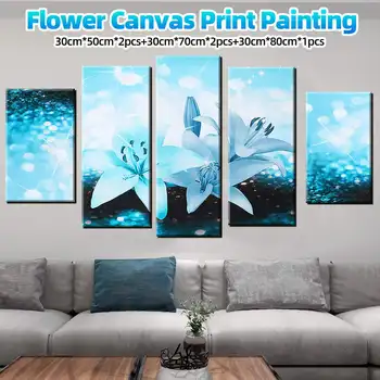 

canvas spray painting wall painting five couplet splicing blue Lily High definition abstract modern home decoration