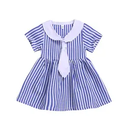 Красивая одежда для девочек; повседневные хлопковые платья в полоску с короткими рукавами и галстуком для маленьких девочек; детская