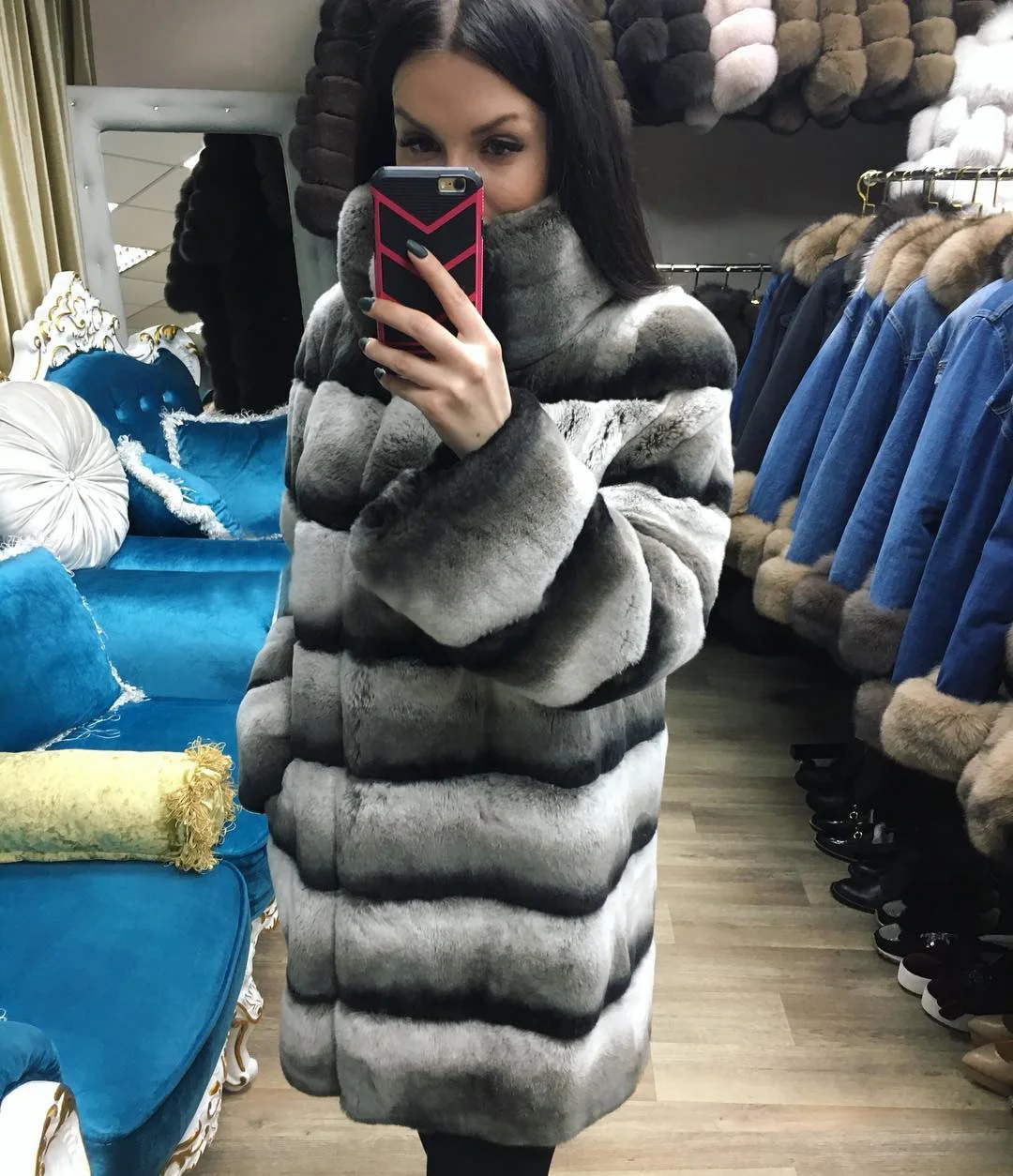 Новая кожа настоящая Шиншилла Шуба из кролика Рекс с капюшоном куртка зимняя с натуральным мехом пальто размера плюс для женщин RB-039