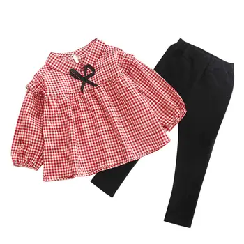 

Infant Baby Kids Girl Bow Plaid Shirts Lovely Dress Long Sleeve Tops+Pants Outfit Set Children Spring Autumn Clothes