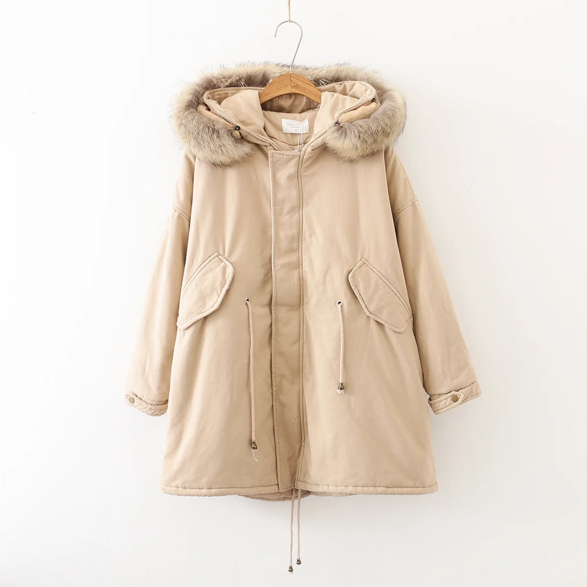 

Winter Mid-length Cotton Coat Women's New Style Korean-style Solid Color Hooded Fur Collar Thick Cotton-padded Clothes Loose-Fit