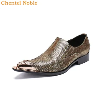 

Chentel Noble Metal Head Bling Fashion Mens Dress Shoes Genuine Leather Flats For Business Comfortable Mens Shoes Big Size