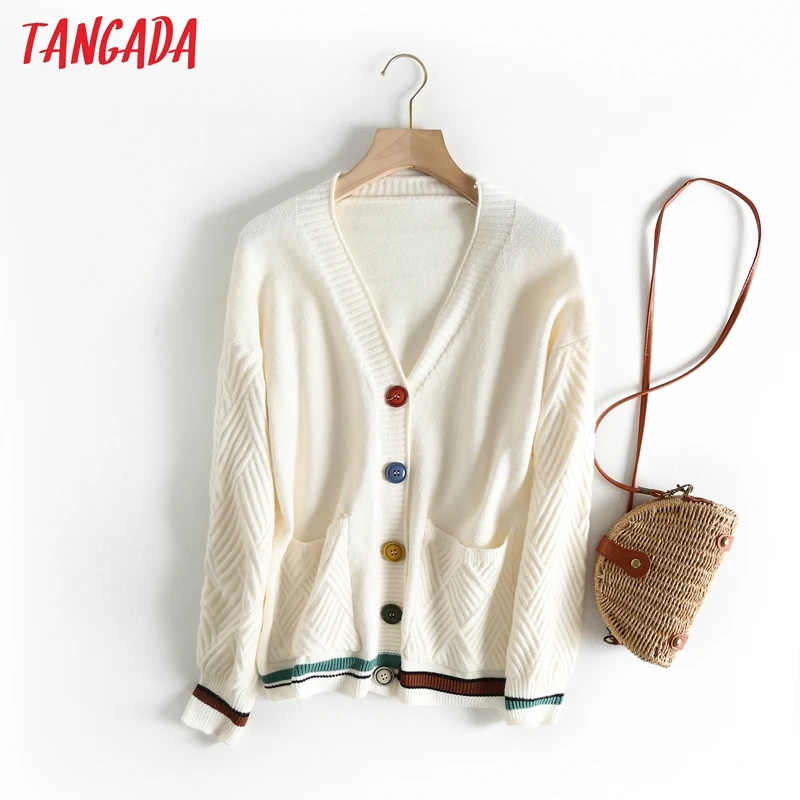 Tangada женский белый кардиган пальто школьный стиль сладкий v-образный Вырез Винтаж осень зима мода трикотажные топы BC30