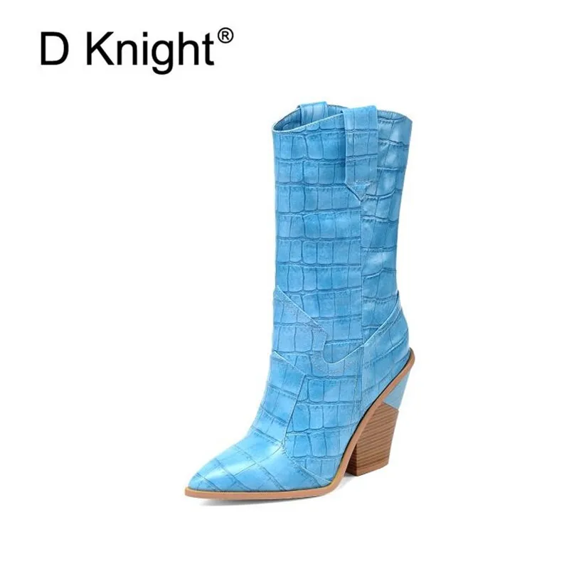 

Fashion Bright Leather Women Boots Pointed Toe Western Cowboy Boots Women Mid-calf Chunky Wedges Heel Boots Runway Shoes Size 46