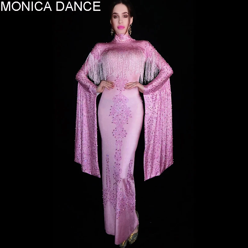 

Sexy Stage Sparkly Pink Rhinestone Fringe Spandex Long Dress Birthday Celebrate Prom Party Outfit Women Dancer Stage Dresses