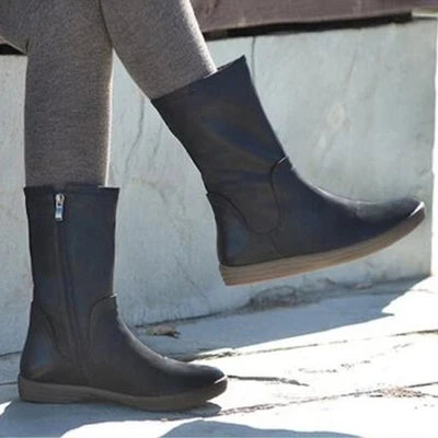 

SFIT Designed Genuine Leather Boots Women Spring Autumn Boots Zip Cow Leather Mid-calf Botines Mujer Shoes Plus Size 35-43