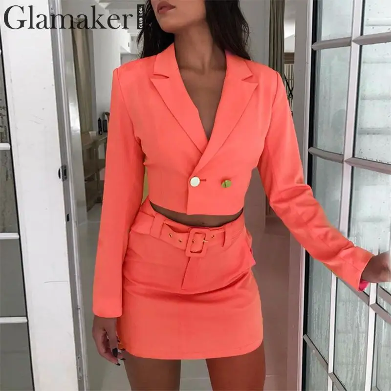 Glamaker костюм из двух предметов, однотонный мини-блейзер на пуговицах, женское облегающее платье с поясом, короткое осеннее платье, элегантные офисные платья, вечернее платье
