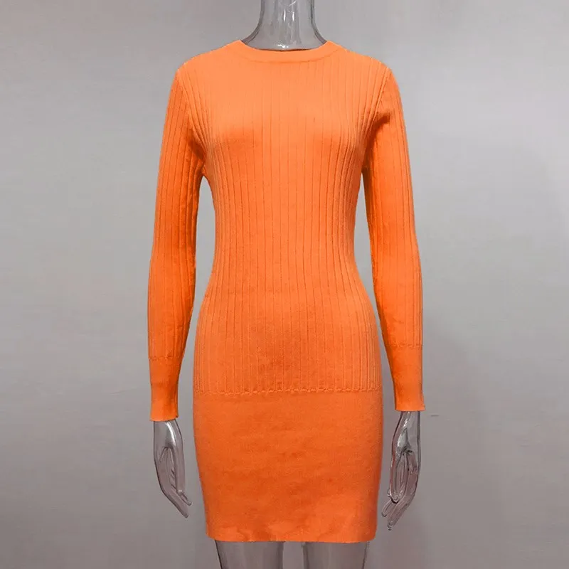 

Autumn Women O Neck Sexy Mini Dress Long Sleeve Bodycon Sweater Dress Sexy Club Neon Club Knitted Party Dresses
