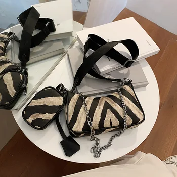 

2020 Autumn Winter Baguette Shape Bag Female New Style 2 Pcs/Set Women Handbags and Purse Fashion Zebra Print Chain Shoulder Bag