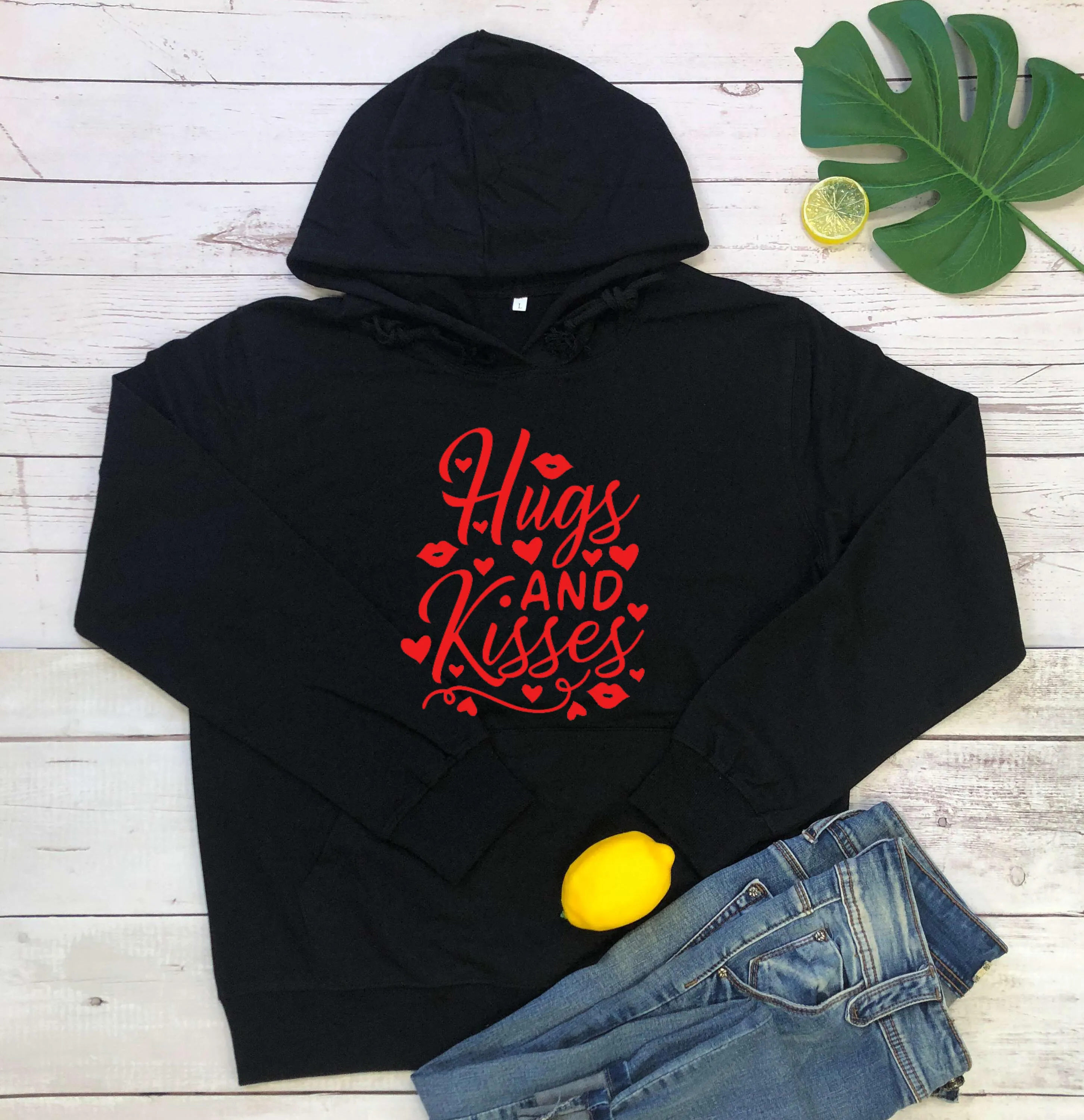 Black-red txt Худи для объятий и поцелуев, женская мода, хлопок, Повседневный, забавный рисунок в виде сердца, tumblr, винтажная цитата, День Святого Валентина, хипстер, топы унисекс - Цвет: Black-red txt