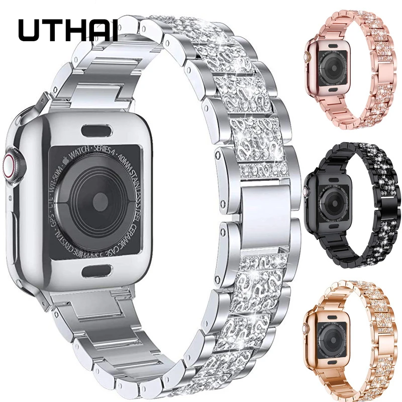 UTHAI P50 ремешок из нержавеющей стали для Apple Watch 44 мм 40 с бриллиантами iwatch6 5 SE 4