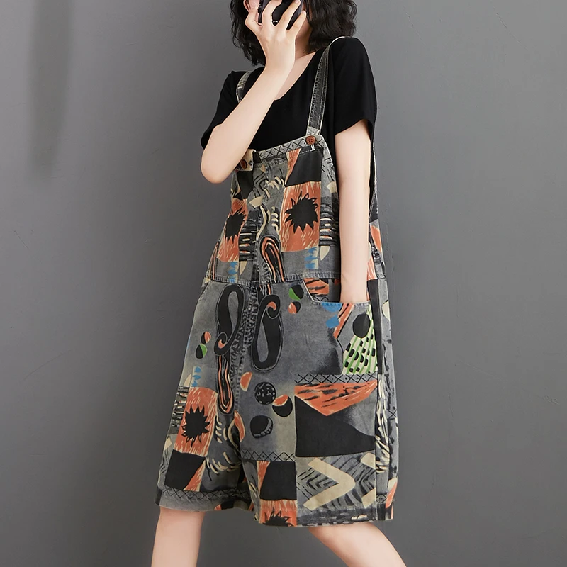 Vintage Denim Printed Overall Shorts Woman 2020 Summer High Waist Strap Jumpsuit Wide Leg Shorts Loose Casual Playsuit Rompers
