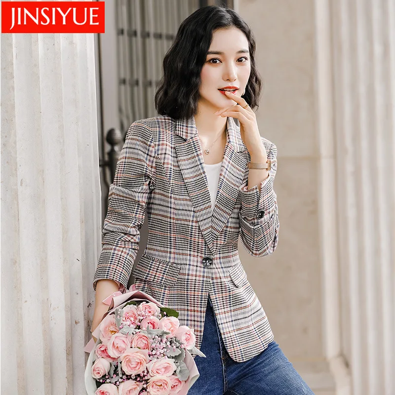 

2019 Autumn New Style British Style Retro Plaid Small Suit Coat Suit Women's Tennis Red Tops Casual Coat Fashion